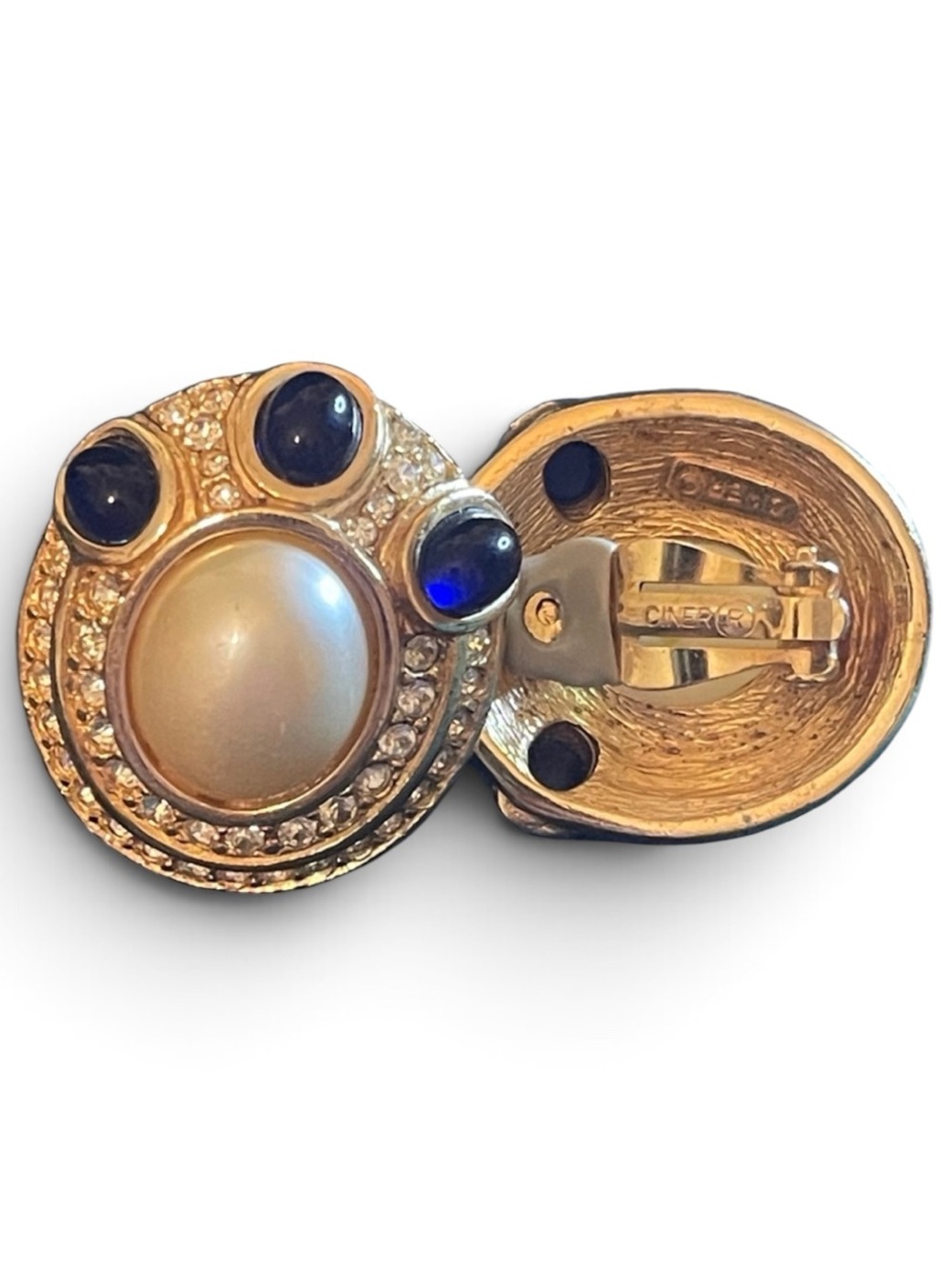 Ciner Mogul-Style Faux Pearl & Sapphire Blue Glass Cabochon Clip-On Earrings